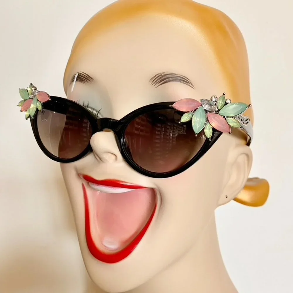 Retro Rhinestone hand embellished sunglasses Jet with pastel rhinestone wings